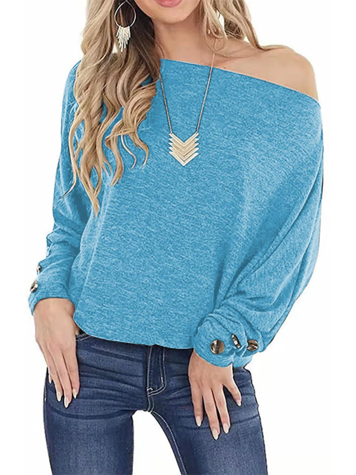 Sky Blue One-shoulder long sleeve top with button-cuff detail