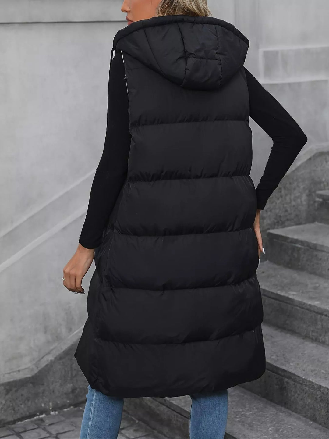 Longline hooded puffer vest with zip pockets