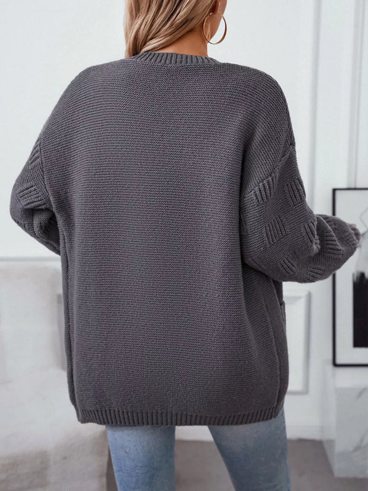 Textured basketweave knit open-front cardigan with pockets