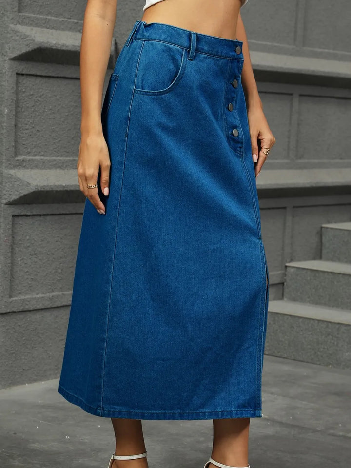Asymmetrical button-detail denim midi skirt with front slit