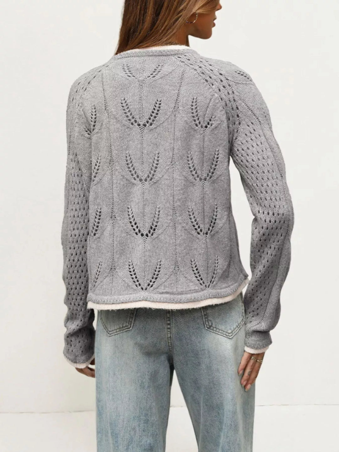 Pointelle openwork knit button-down cardigan