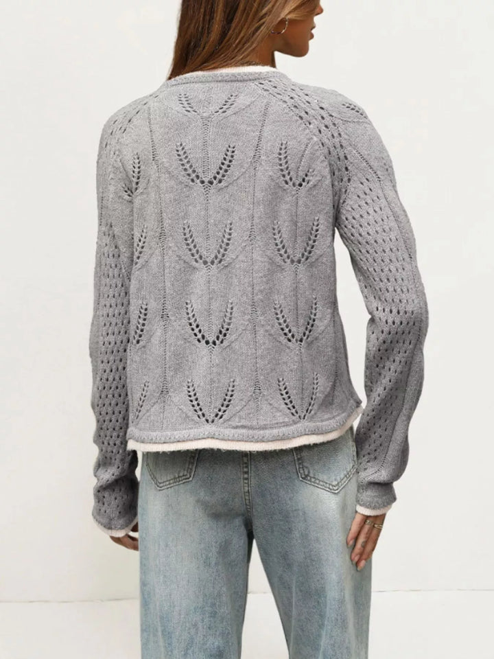 Pointelle openwork knit button-down cardigan