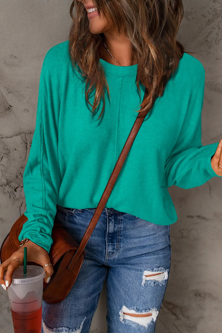 Turquoise Relaxed drop-shoulder round neck long sleeve top