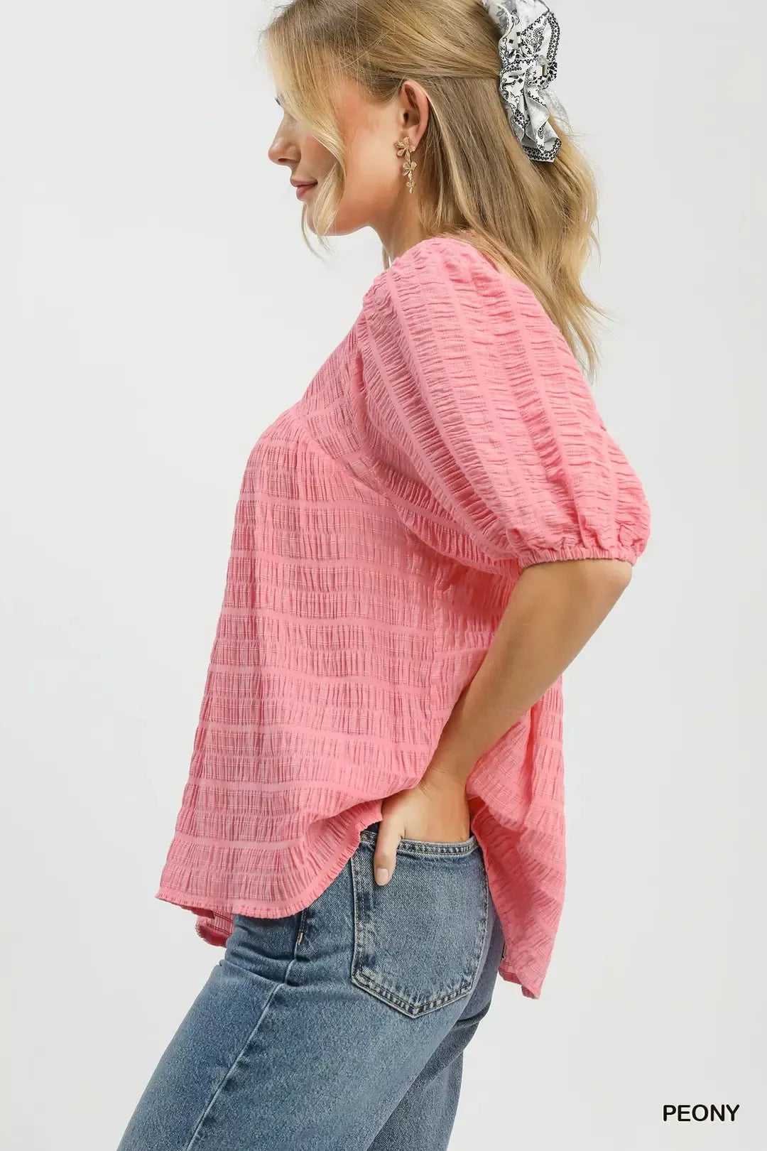 Textured puff sleeve blouse with lace-trim split neck
