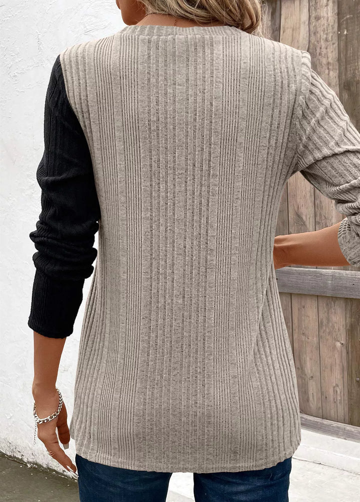 Color block ribbed knit long sleeve button top