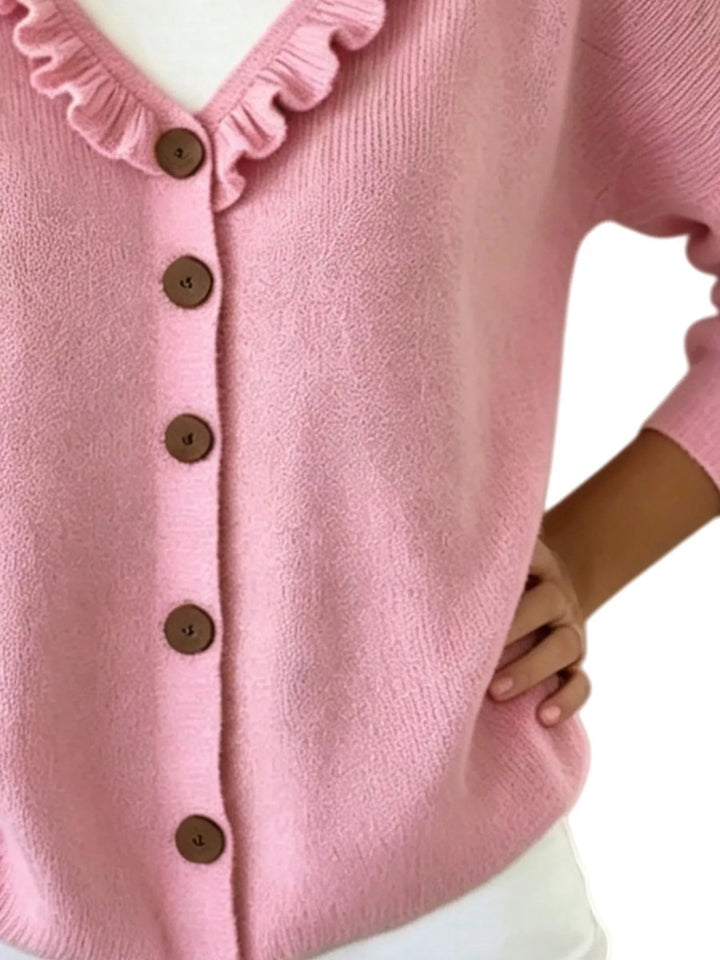 Ruffle-trim V-neck button-front knit cardigan