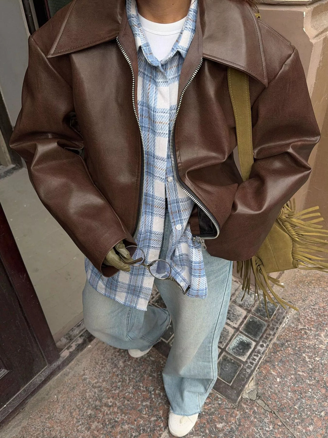 Oversized faux leather zip-up bomber jacket