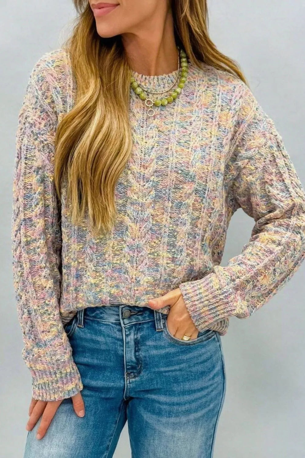 Multicolor Space-dye cable knit dropped shoulder sweater