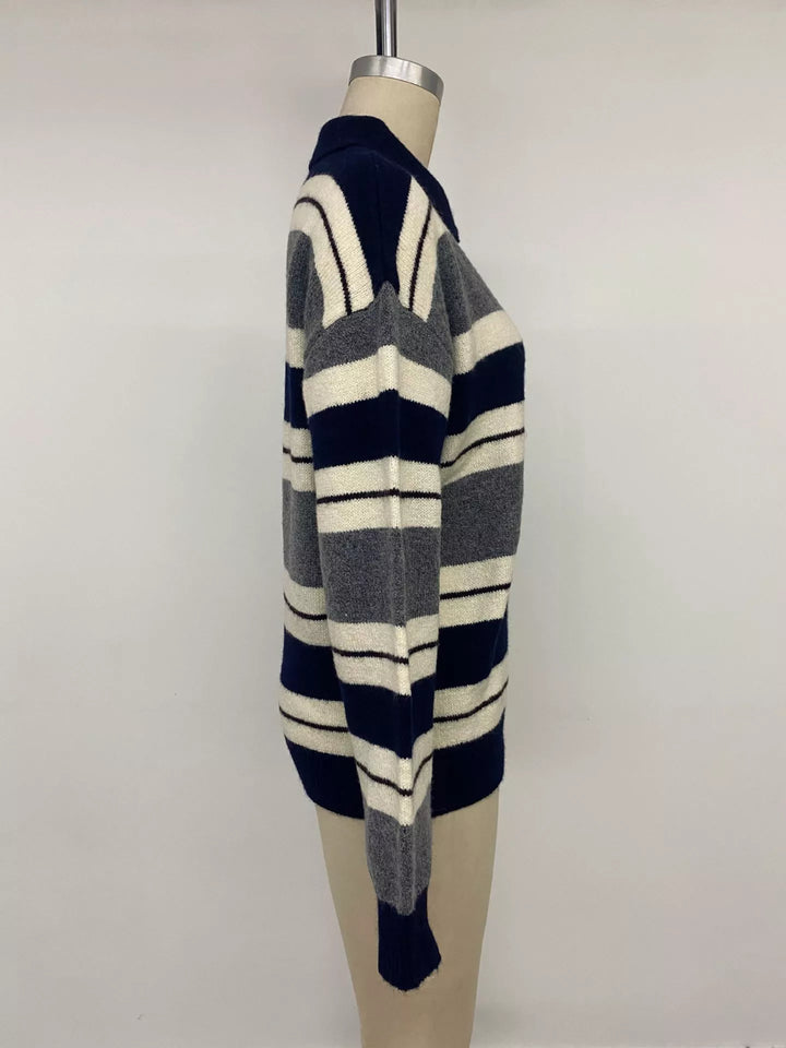 Striped polo collar sweater with button placket