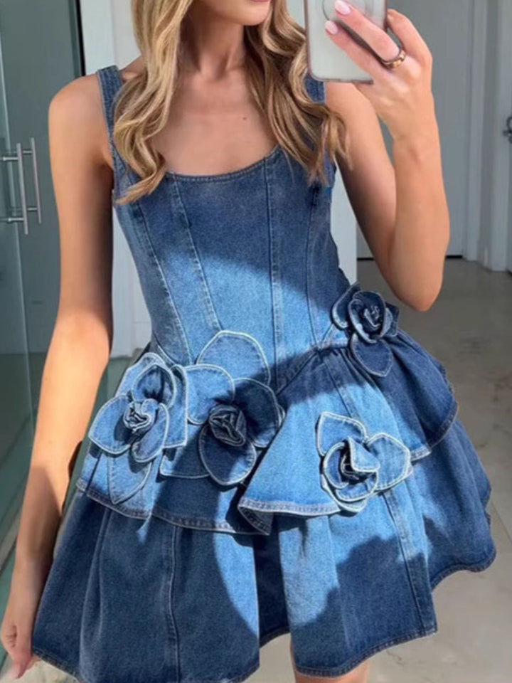 Tiered ruffle denim mini dress with rose appliqués