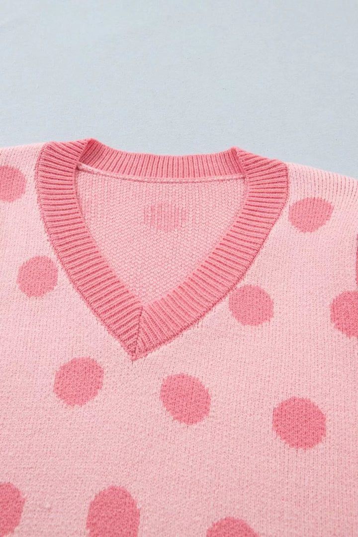 Polka dot puff sleeve v-neck knit sweater top