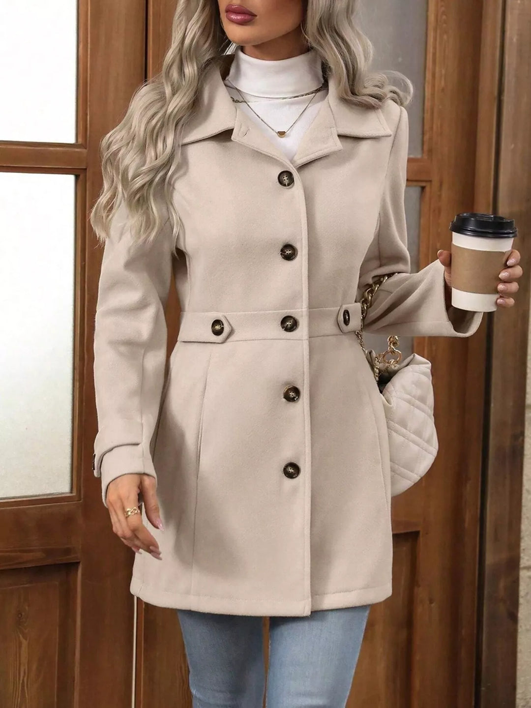 Single-breasted lapel coat with waist tabs and pockets