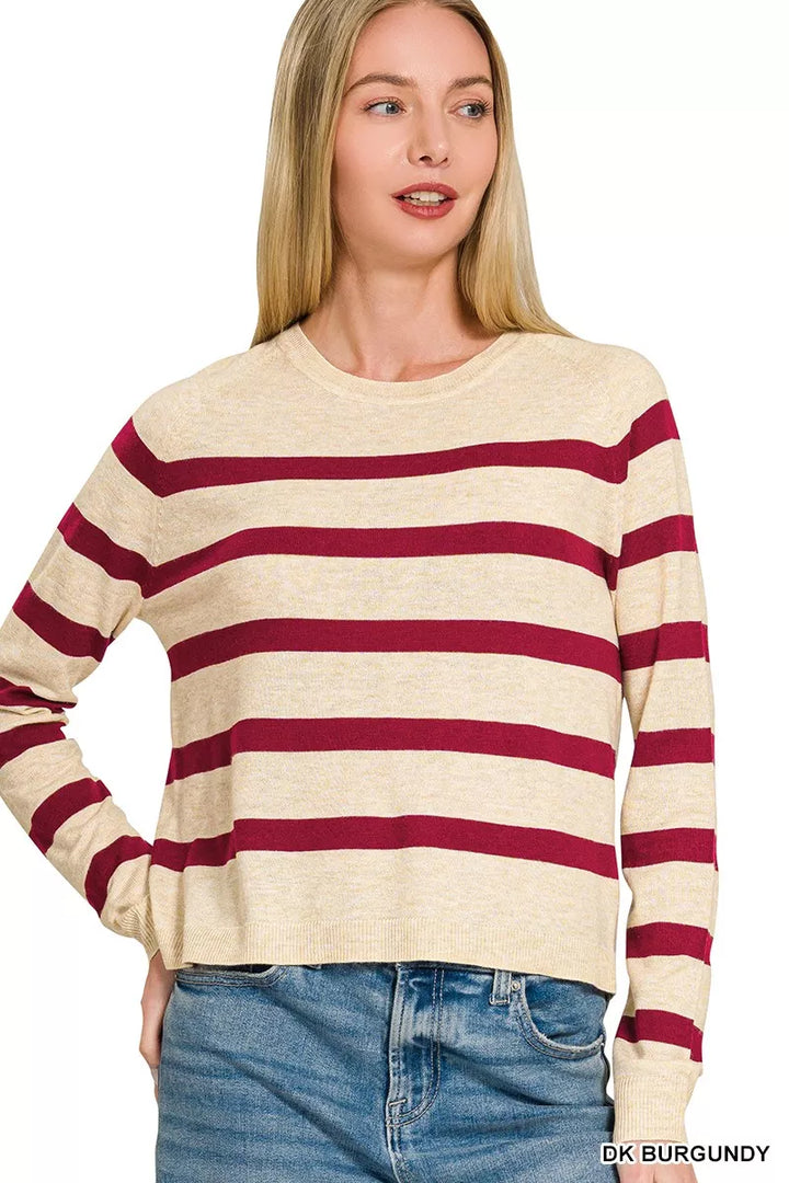 DK BURGUNDY Striped crew neck sweater with ribbed cuffs and hem