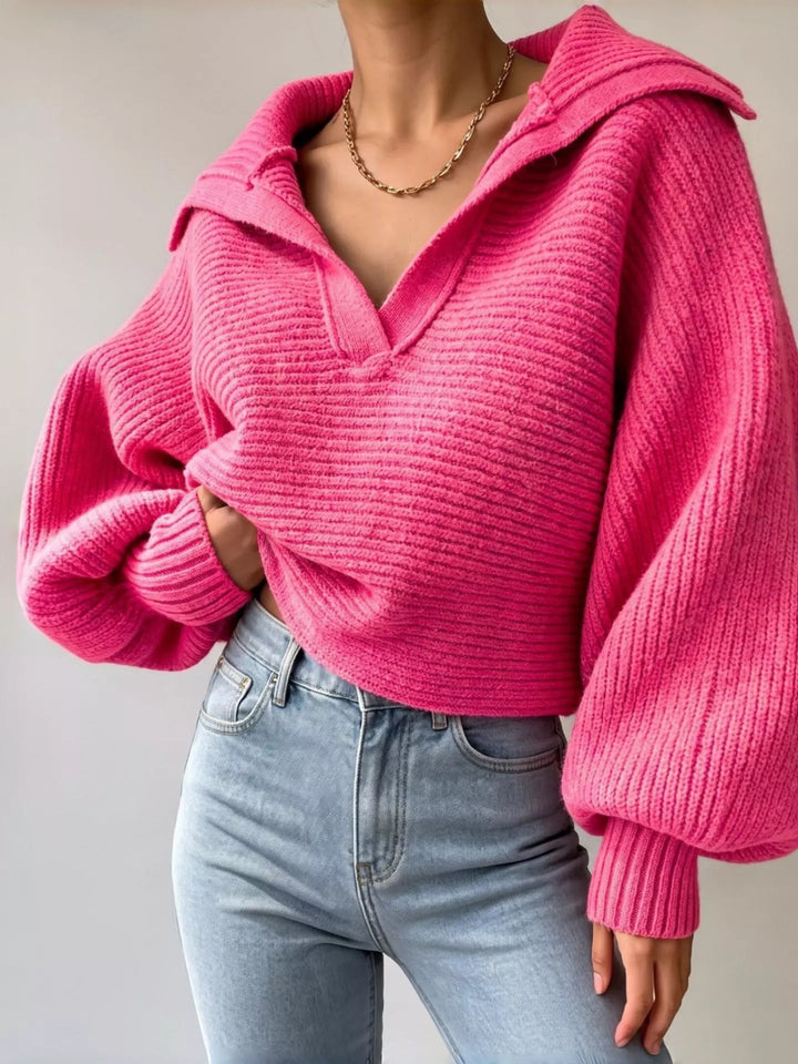 Red Ribbed knit cropped sweater with oversized collar