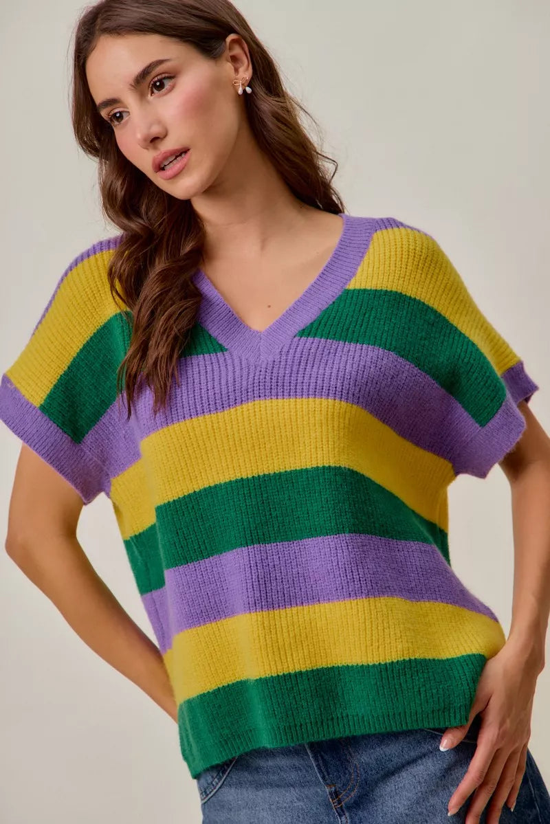 Ribbed striped V-neck short sleeve sweater top