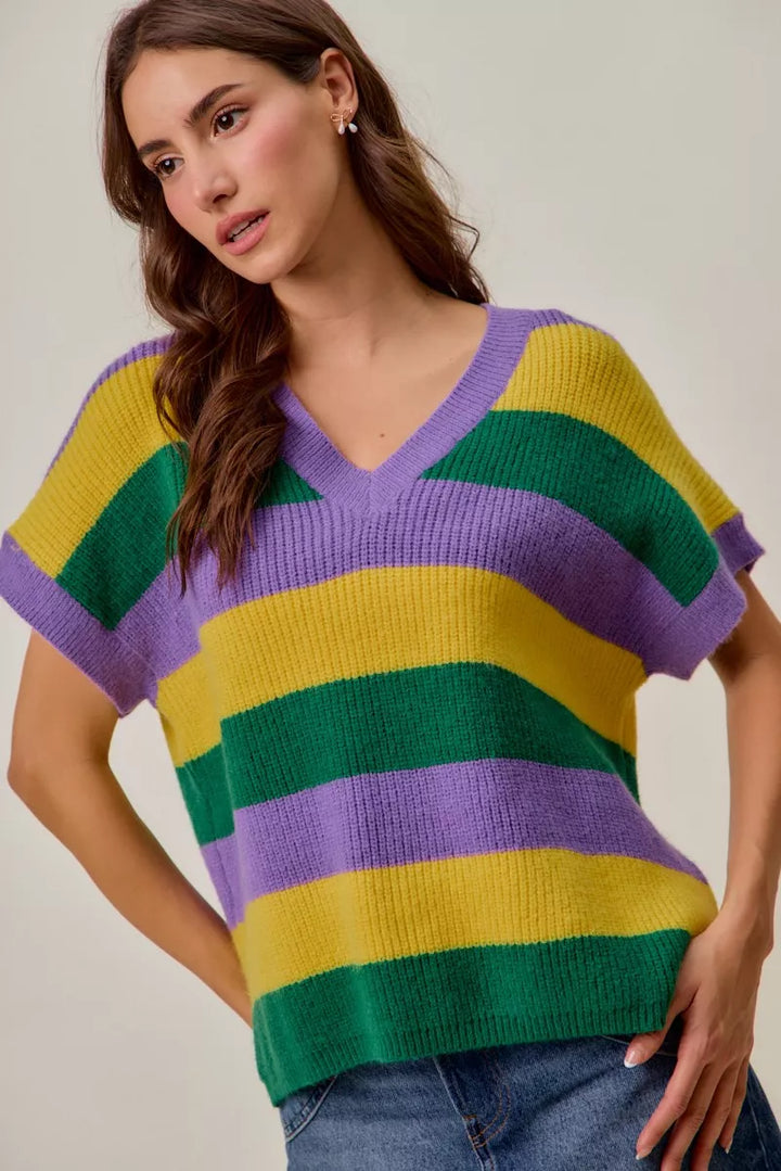 Ribbed striped V-neck short sleeve sweater top