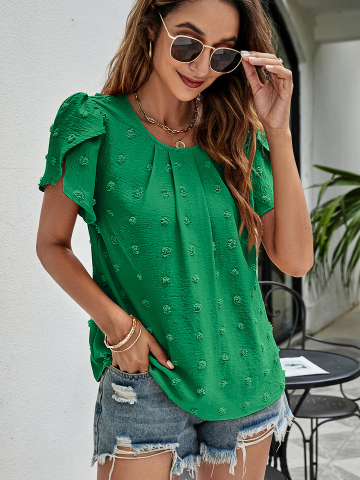 Swiss dot petal sleeve top with pleated round neck