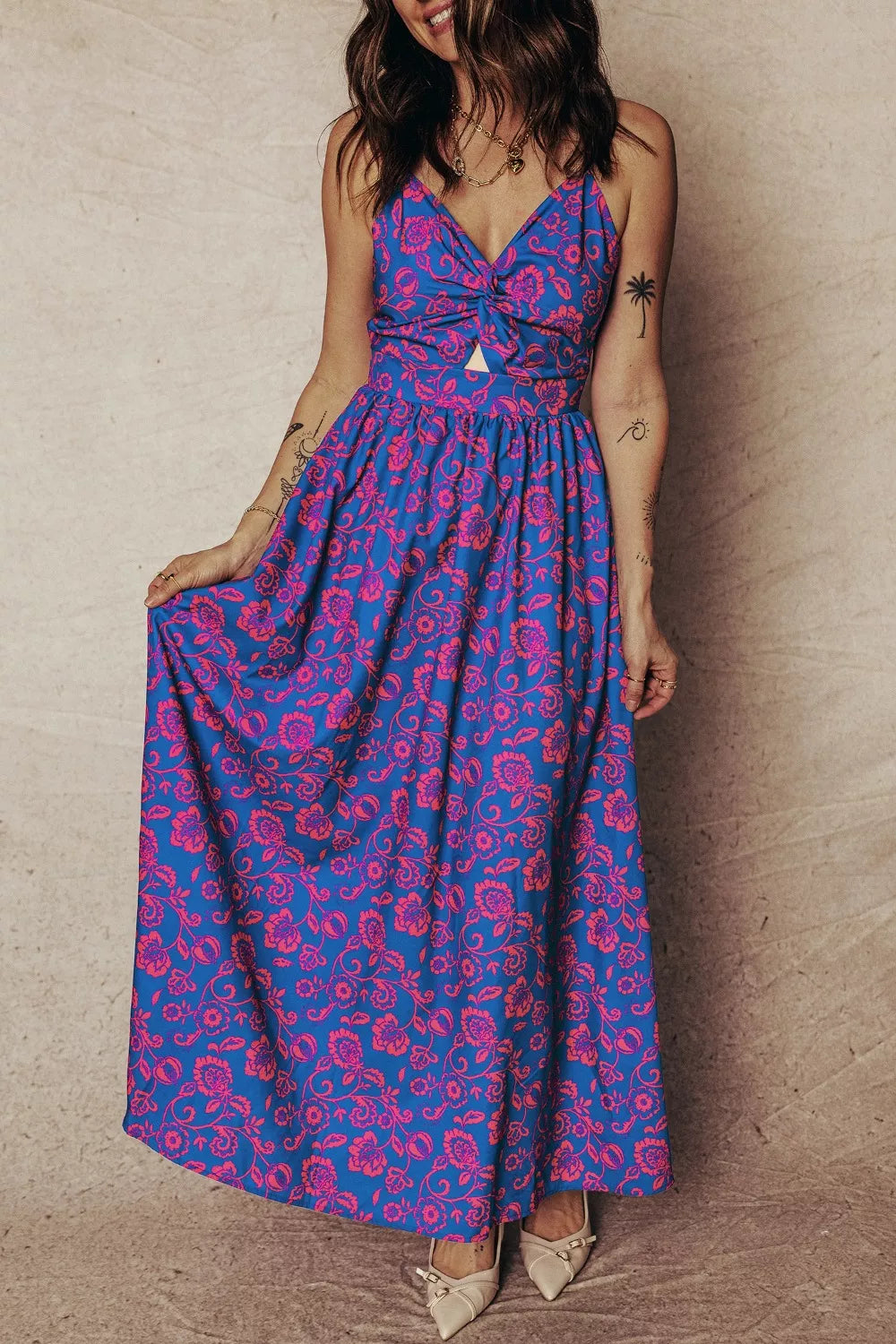 Floral print twisted V-neck cutout backless maxi dress