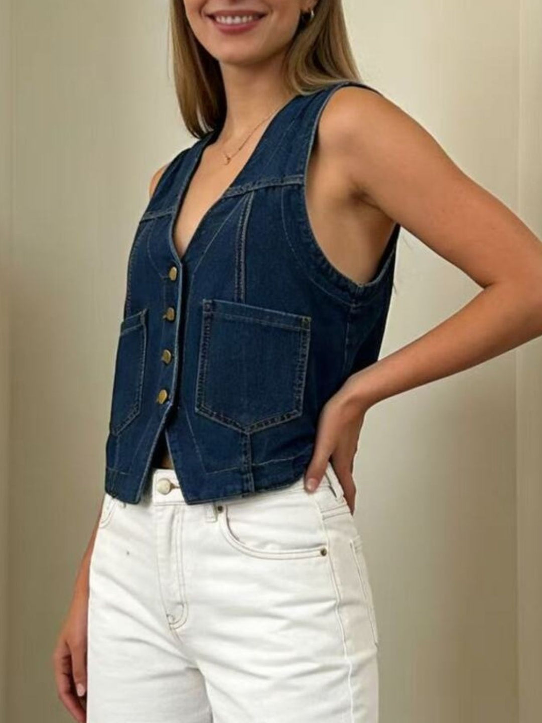 Button-down denim vest with patch pockets