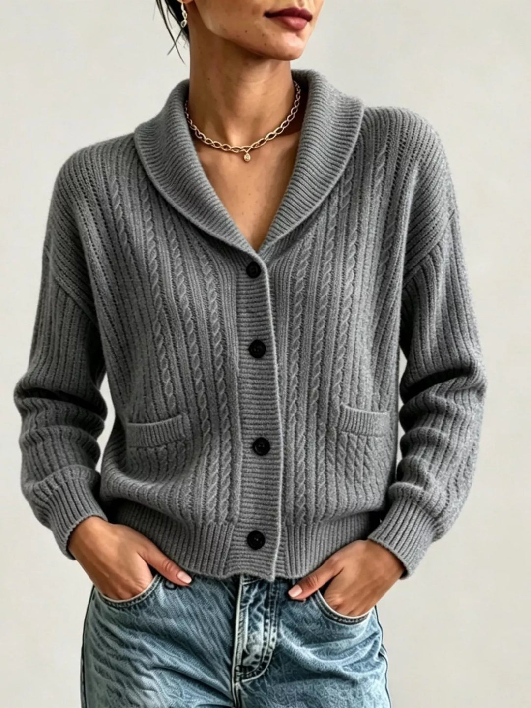 Dark Gray Shawl collar cable knit cardigan with patch pockets