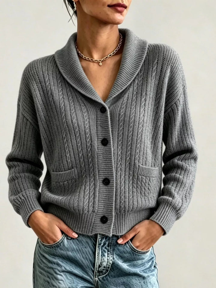 Dark Gray Shawl collar cable knit cardigan with patch pockets