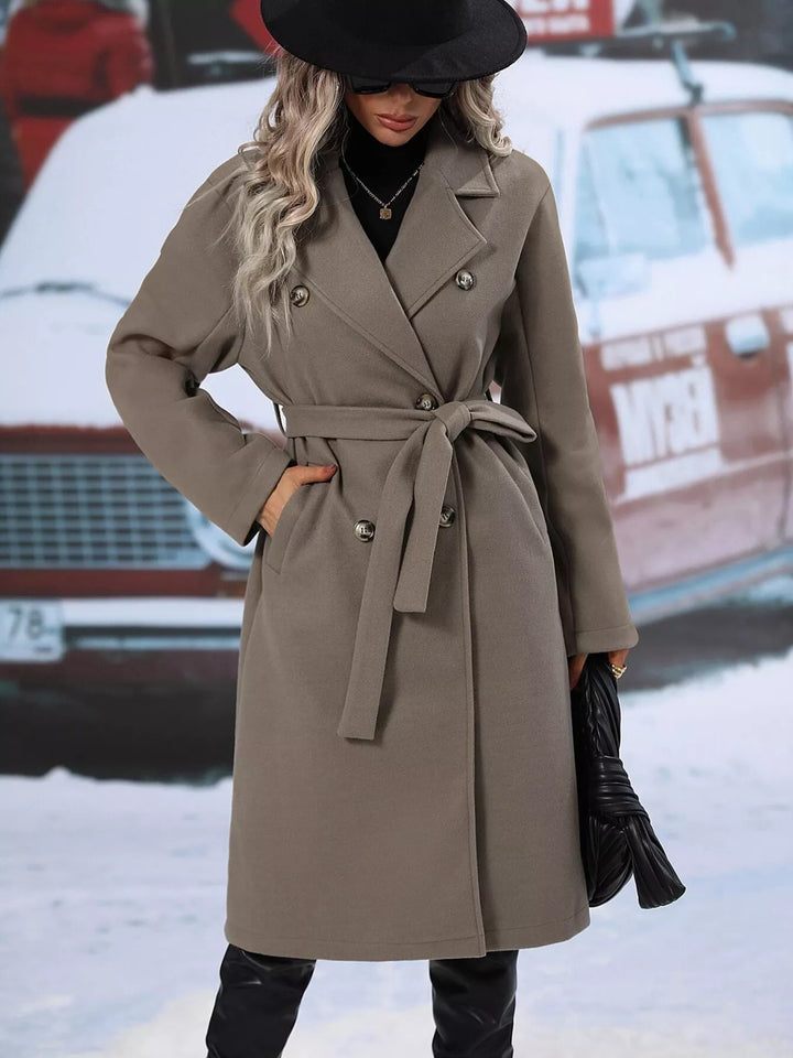 Gray Double-breasted belted longline overcoat with lapel collar