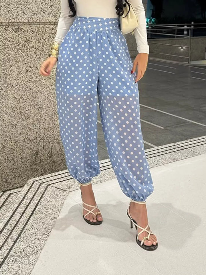 Blue Sheer polka dot wide-leg pants with elastic ankle cuff