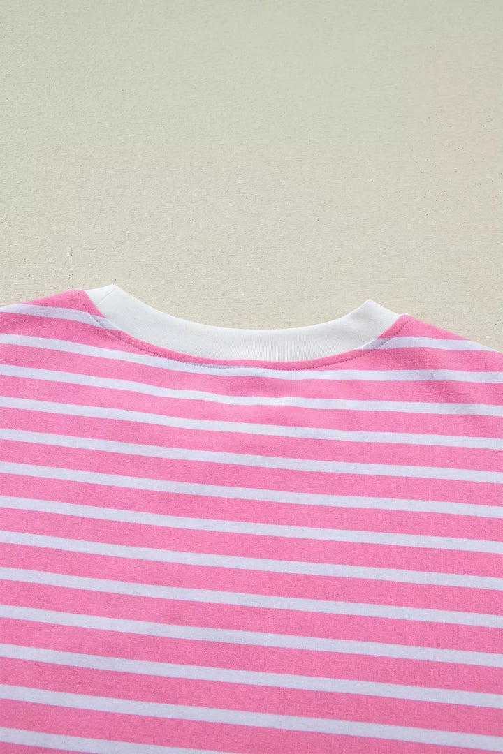 Striped drop-shoulder crew neck loose top with contrast cuffs