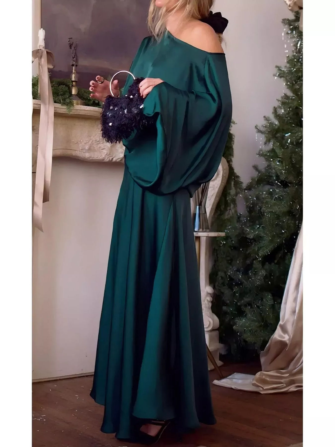 Satin batwing sleeve maxi dress with ruched bodice