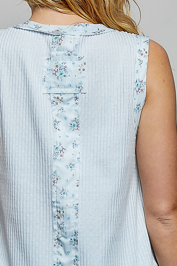 Floral patch ribbed tank with double gauze ruffle hem