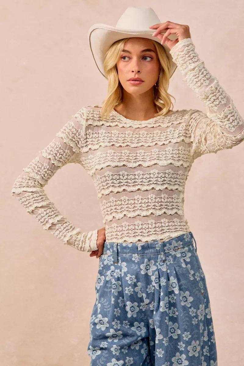 Floral lace long sleeve top with tiered ruffle rows