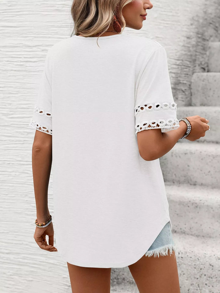 V-neck tee with crochet lace cutout sleeves