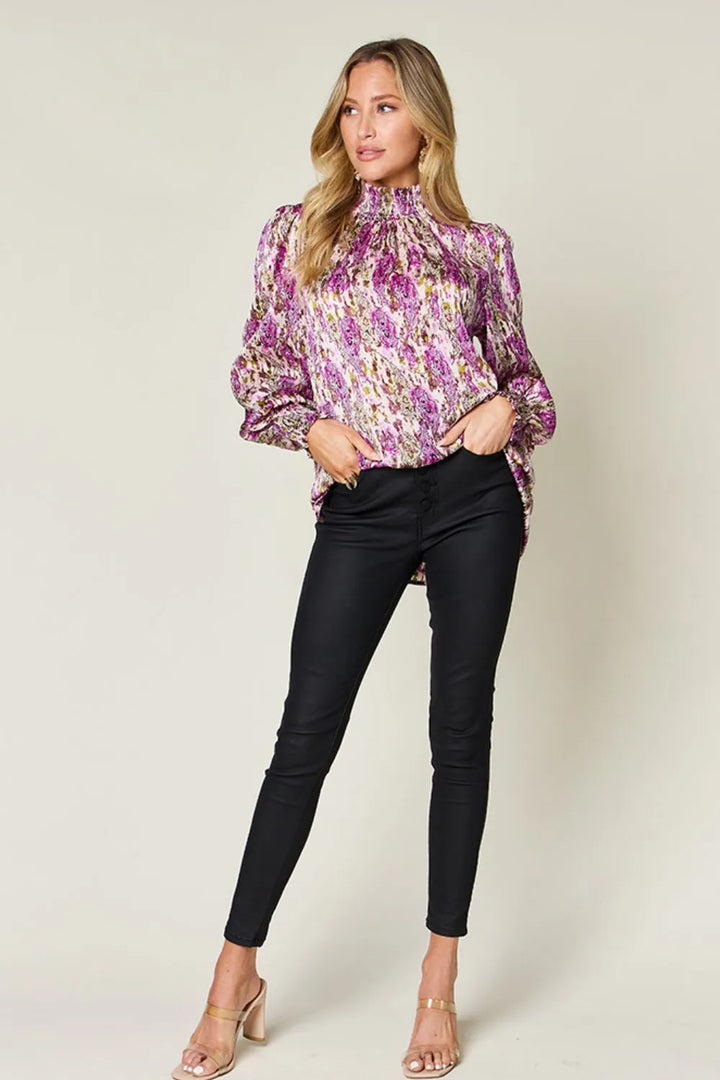Printed smocked frill mock neck long sleeve blouse