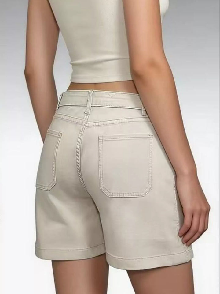 Patch pocket mid-rise denim shorts with cuffed hem