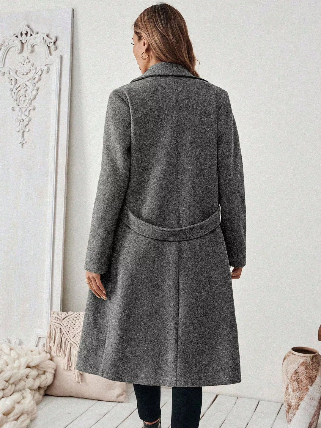 Notch lapel open-front longline coat with side pockets