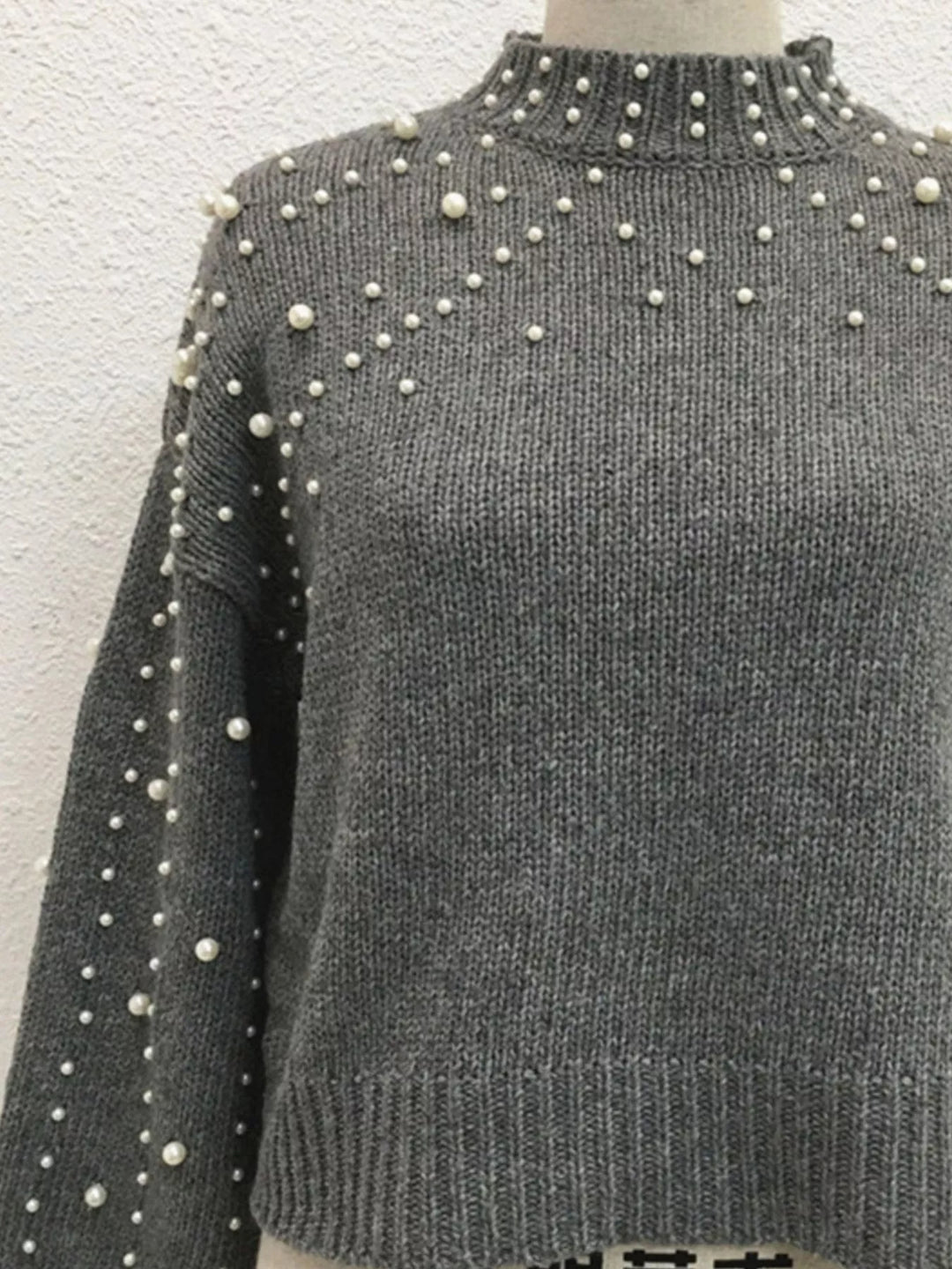 Pearl-embellished mock neck sweater with balloon sleeves