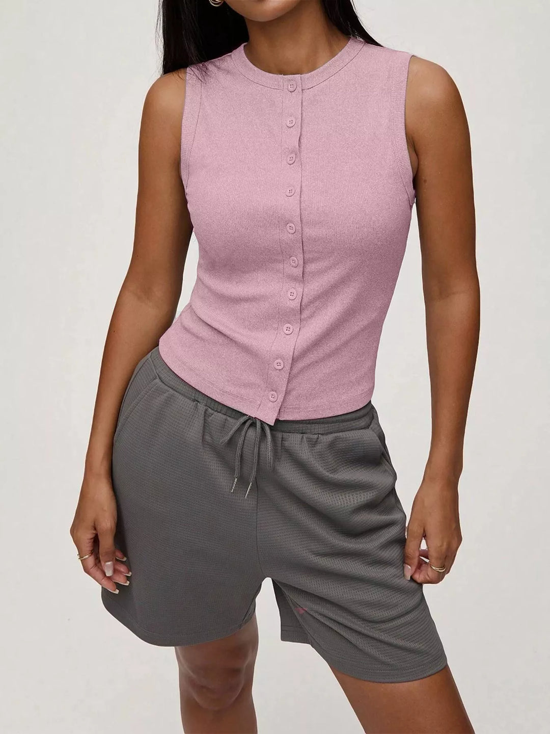 Pink Ribbed mock-neck button-front sleeveless tank