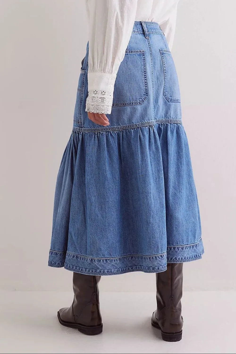 High-rise tiered midi denim skirt with patch pockets