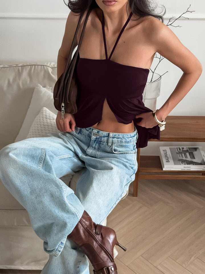 Chocolate Halter neck cami with asymmetrical split hem