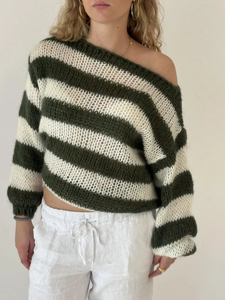 Army Green Striped open-knit crew neck sweater with balloon sleeves