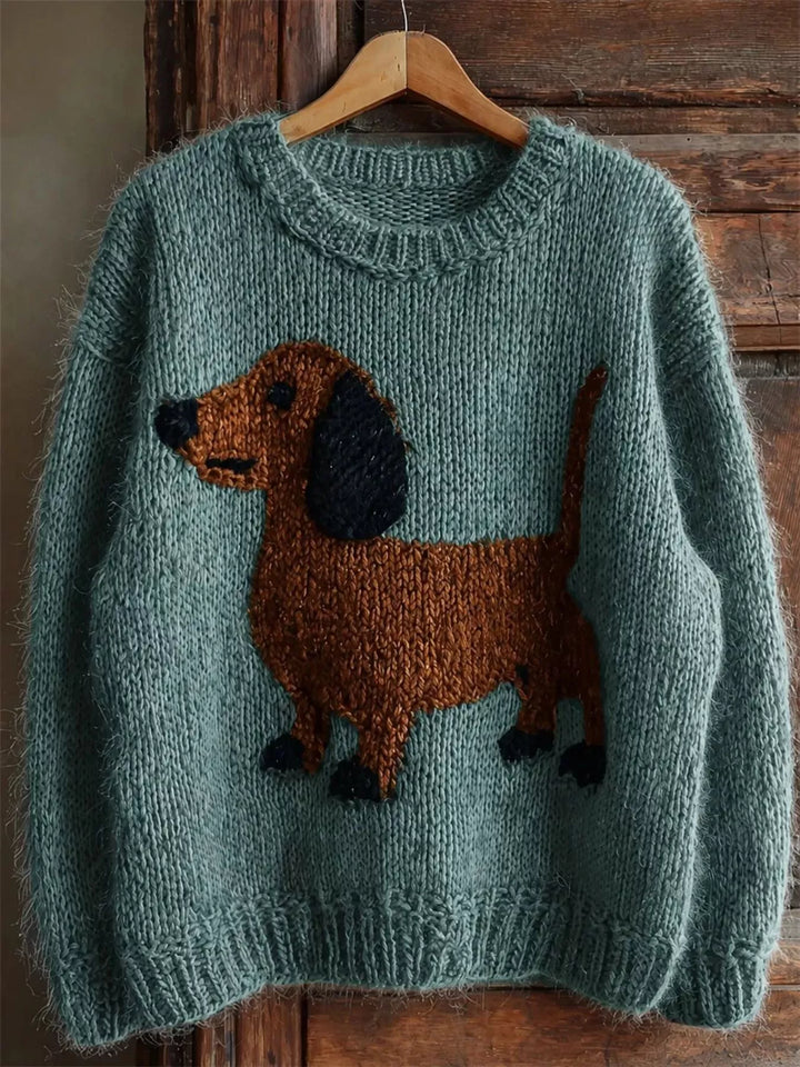 Teal Dachshund chunky knit drop shoulder crew neck sweater