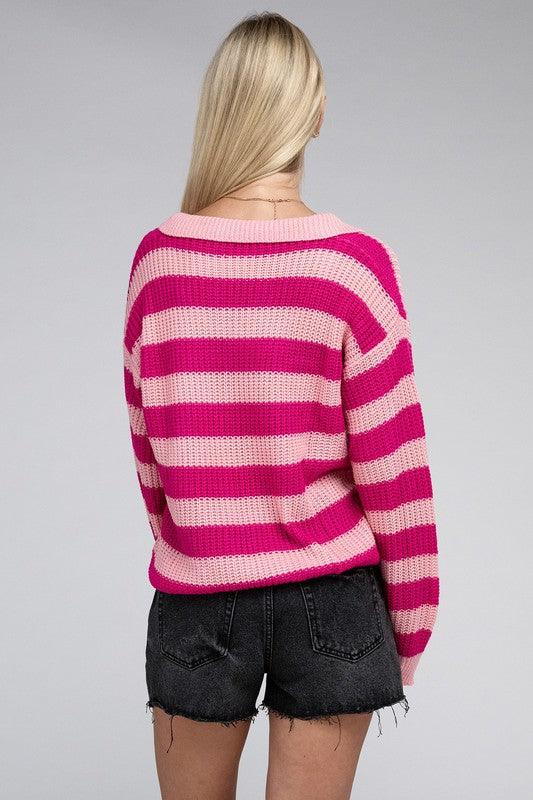 Striped Knit Collared Pullover Sweater - Azoroh