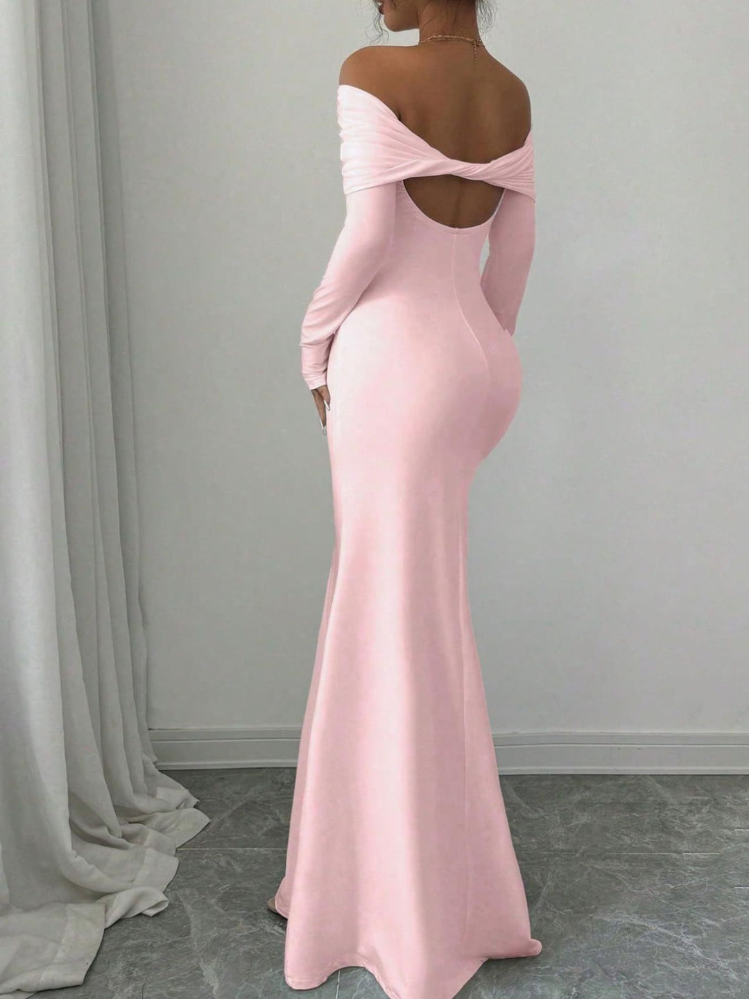 Foldover off-shoulder long sleeve bodycon maxi dress