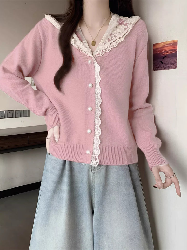 Lace collar knit cardigan with pearl buttons