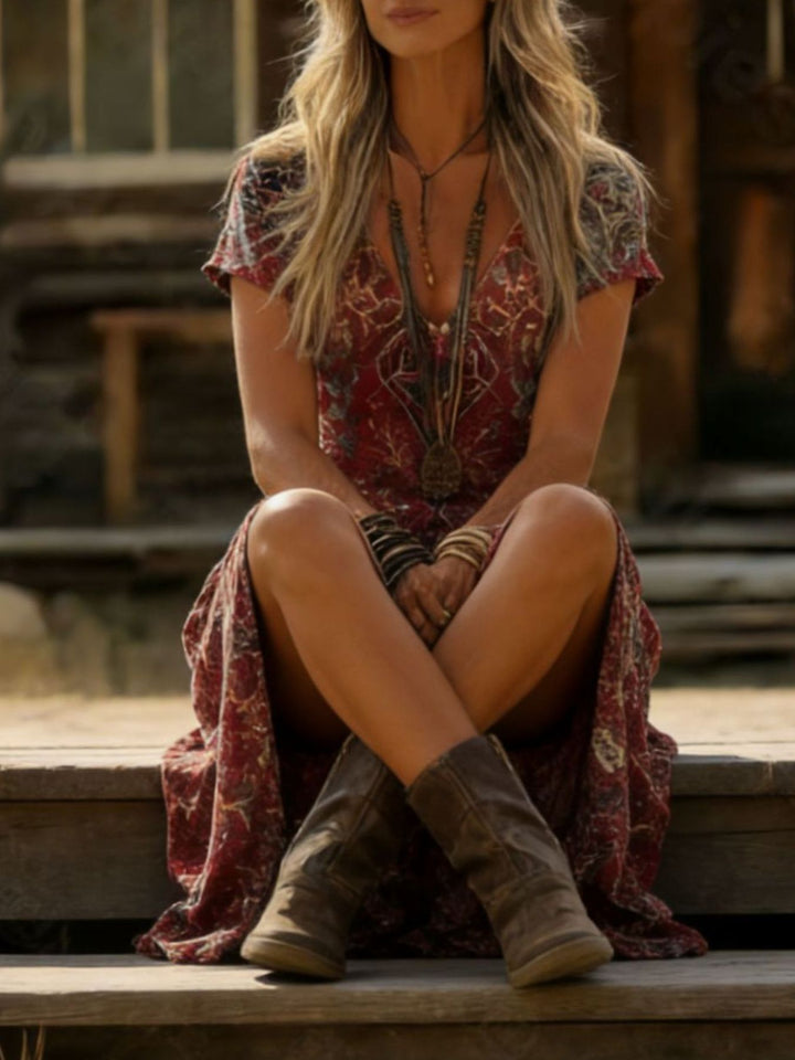 Bohemian medallion print v-neck short sleeve midi dress