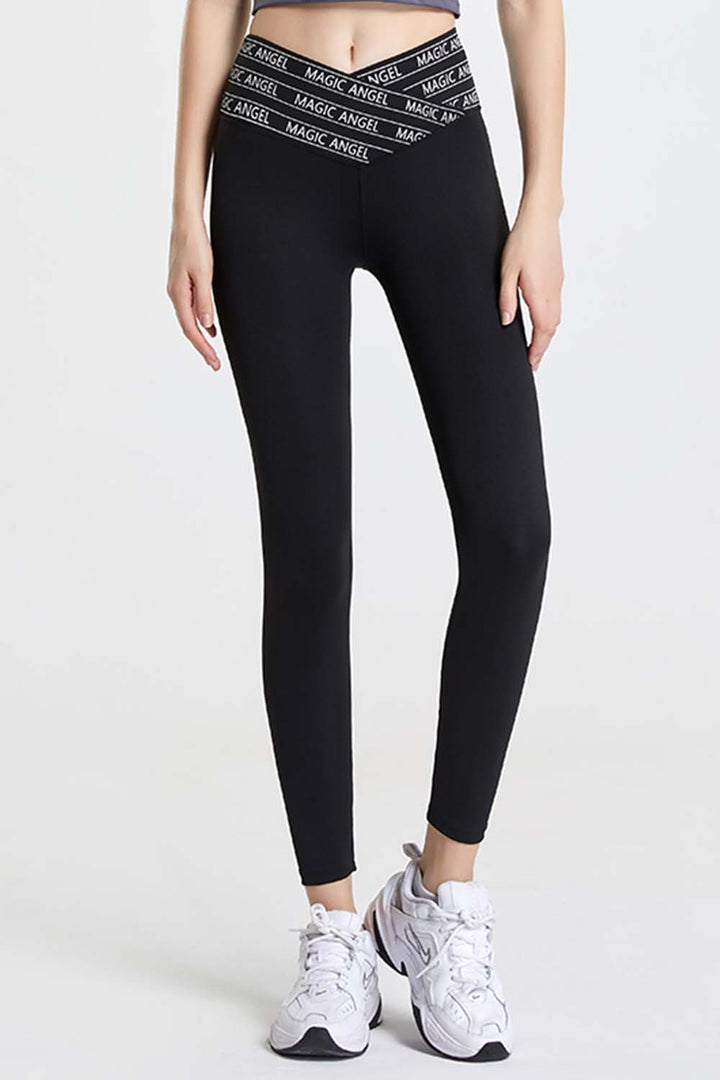 Black Slogan tape crossover waist cropped workout leggings