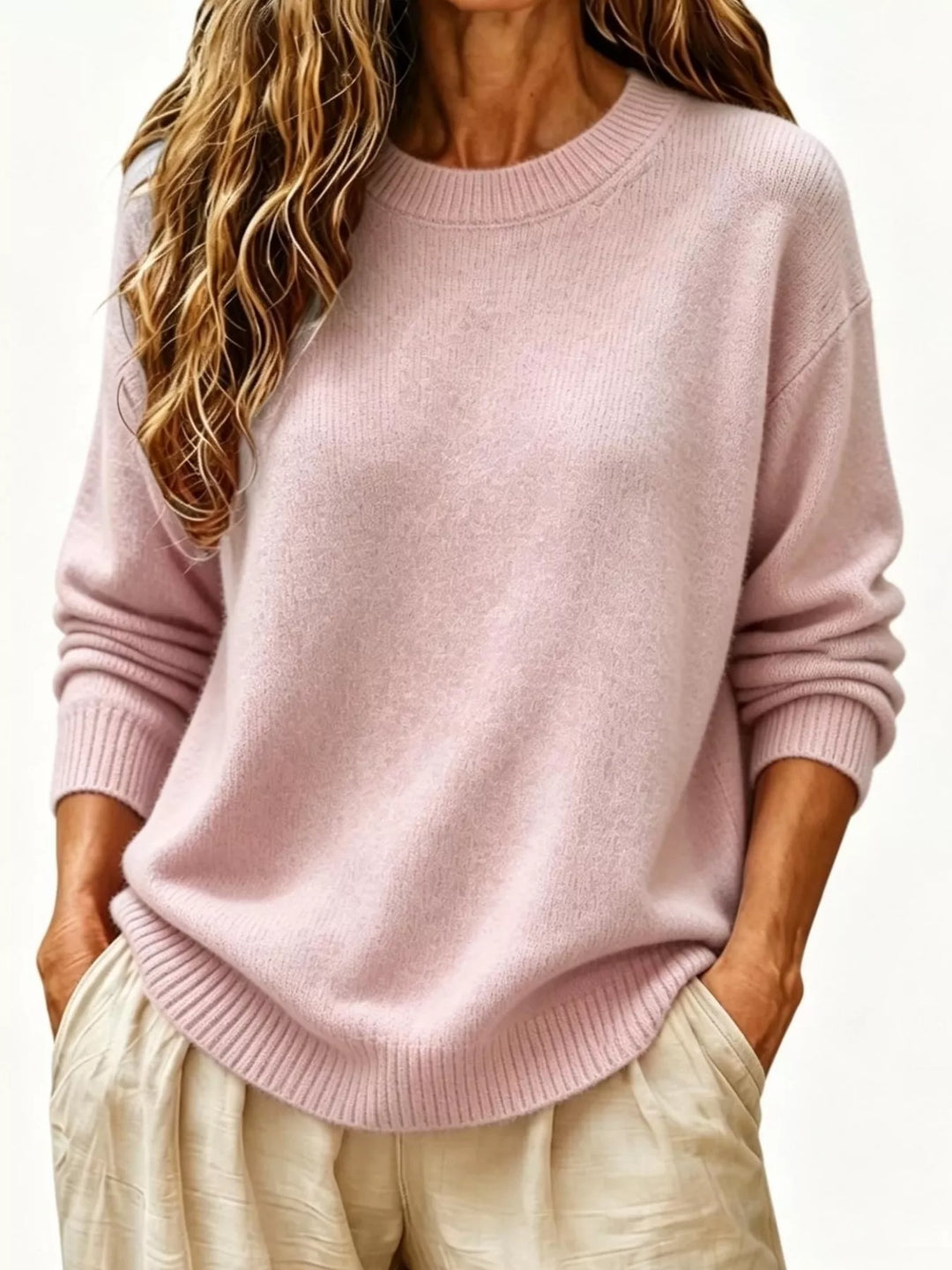 Pink Soft brushed knit sweater with ribbed cuffs and drop shoulders