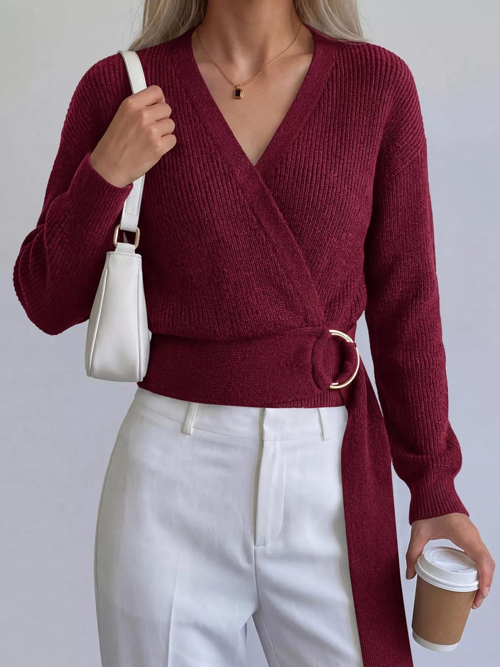 Ribbed knit wrap sweater with gold O-ring belt tie