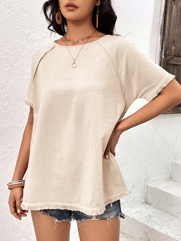 Fringe-trim raglan sleeve round neck tunic top