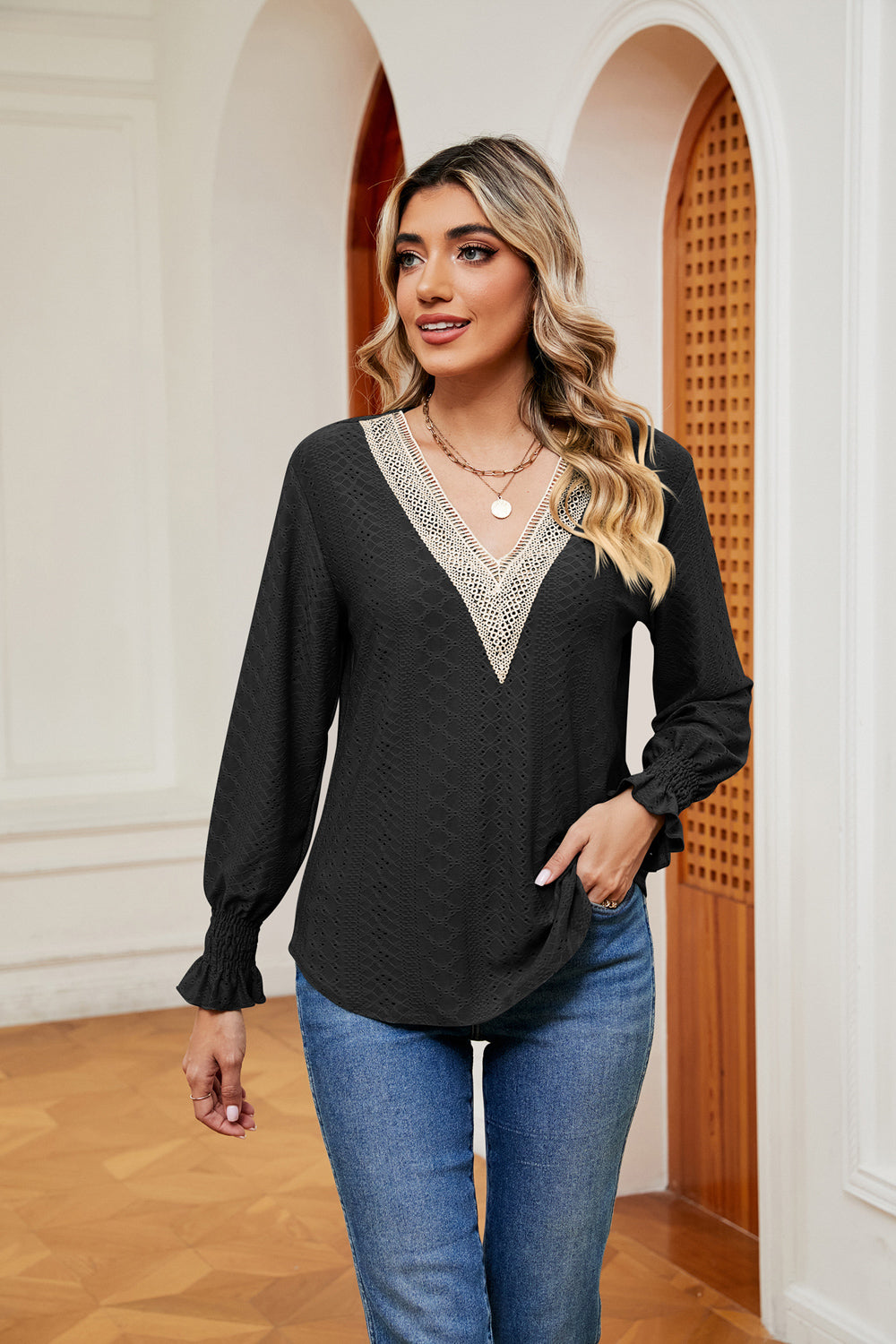 Black Contrast crochet V-neck eyelet blouse with flounce cuffs